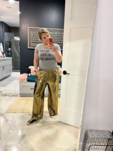 metallic wide leg pants outfit